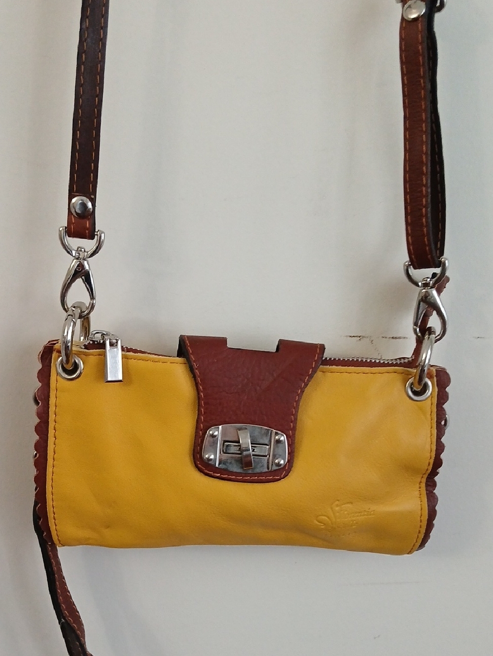 Vera Pelle Yellow and Brown Leather Crossbody Bag